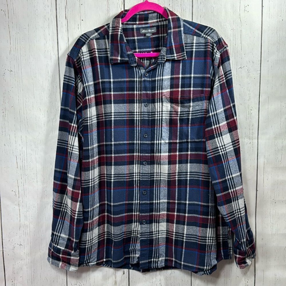 Eddie Bauer Mens Plaid Flannel Shirt Navy Burgundy Cozy Rustic Fall Outdoor